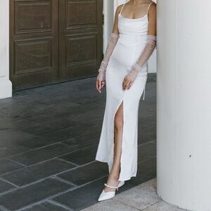 White satin dress hello Molly